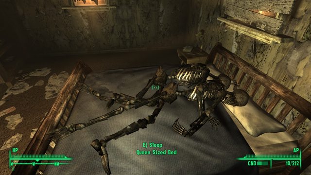 A screenshot from the videogame Fallout 3. Two skeletons are on a bed, embracing one another.